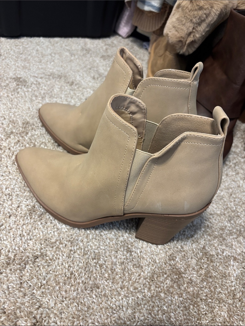 Soda Taupe Ankle Booties with Block Heel
